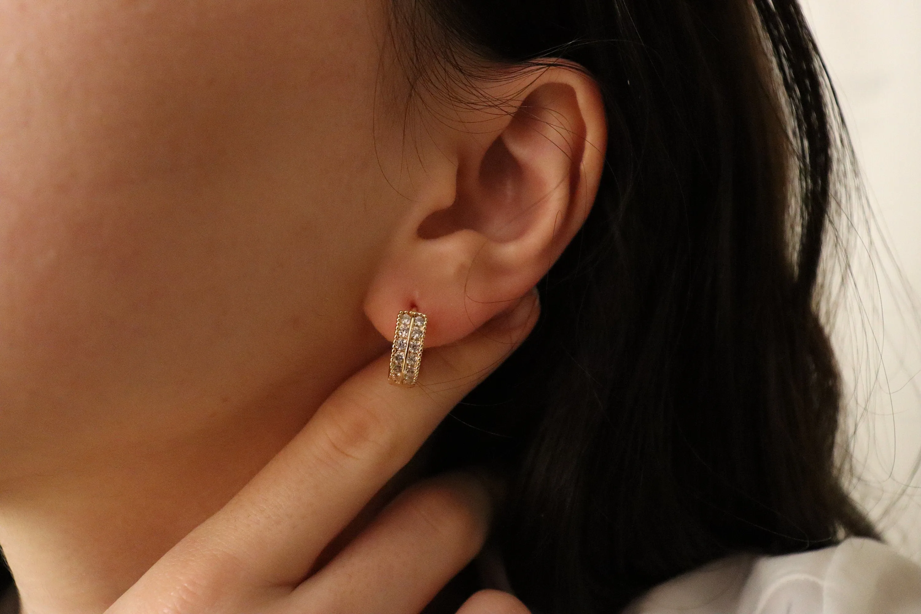 Gold Filled Hoop Double CZ  Earrings ,Minimalist Jewelry, Birthday Gift.