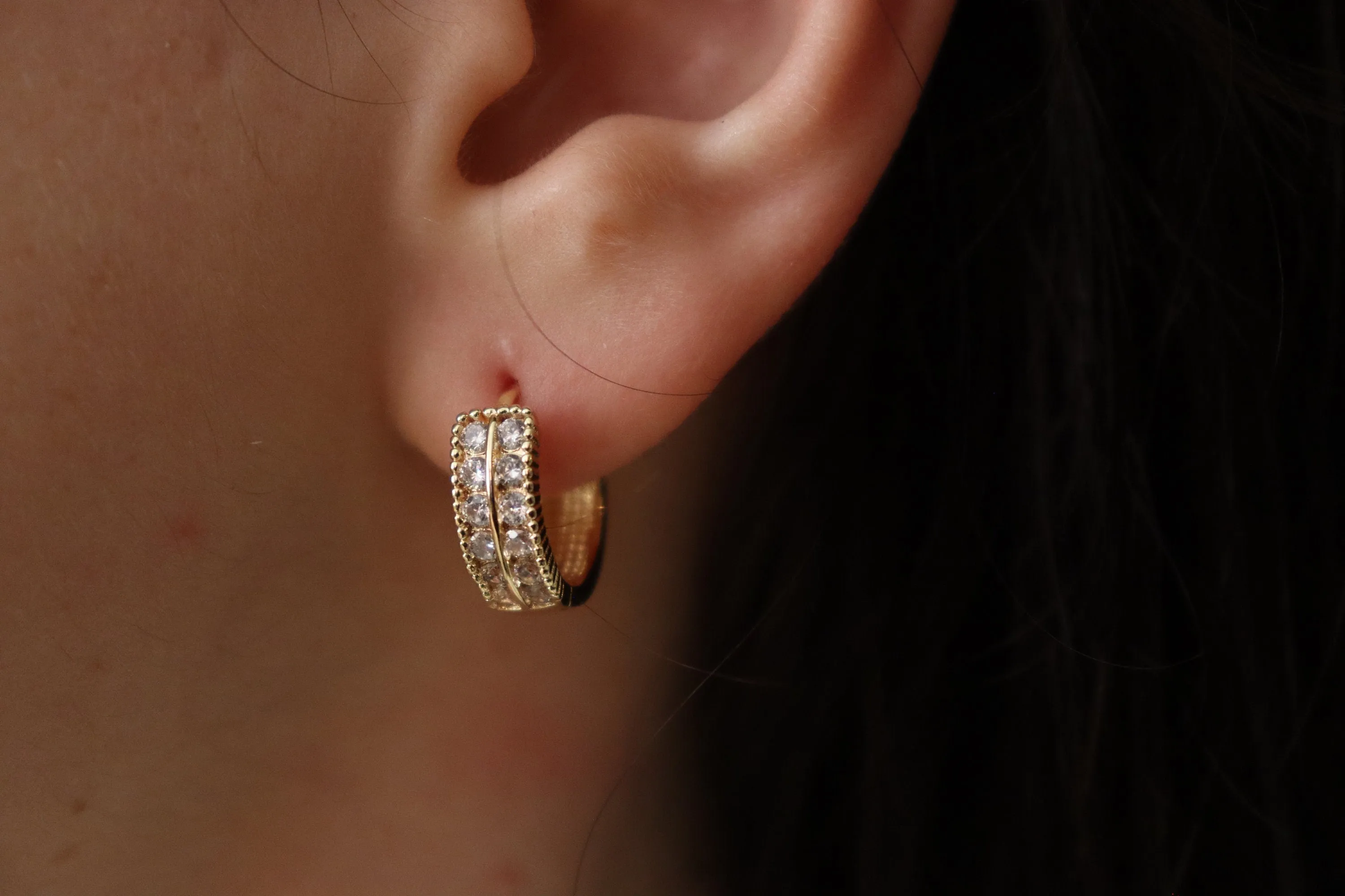 Gold Filled Hoop Double CZ  Earrings ,Minimalist Jewelry, Birthday Gift.