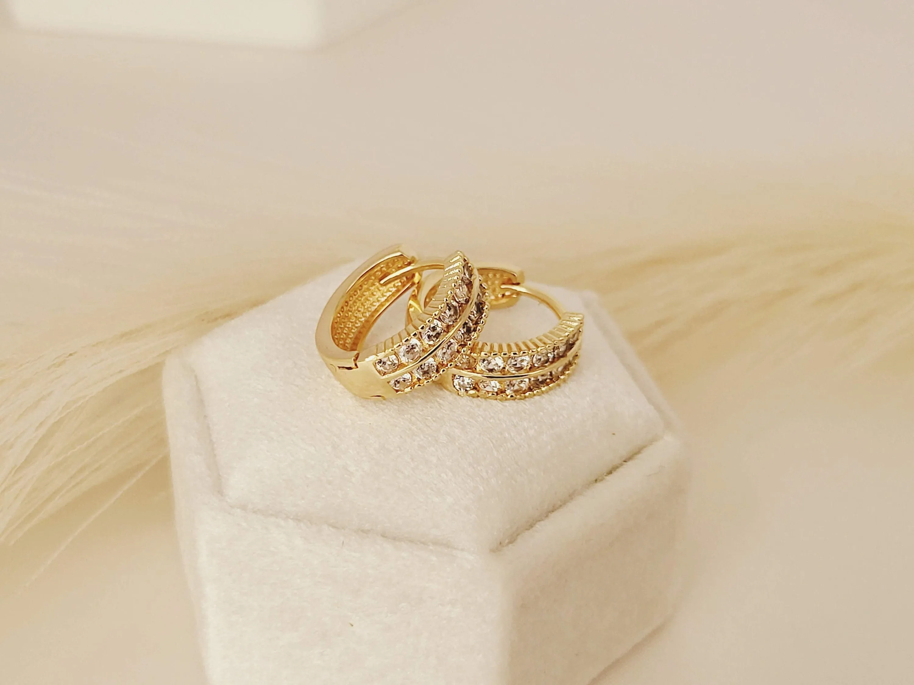 Gold Filled Hoop Double CZ  Earrings ,Minimalist Jewelry, Birthday Gift.