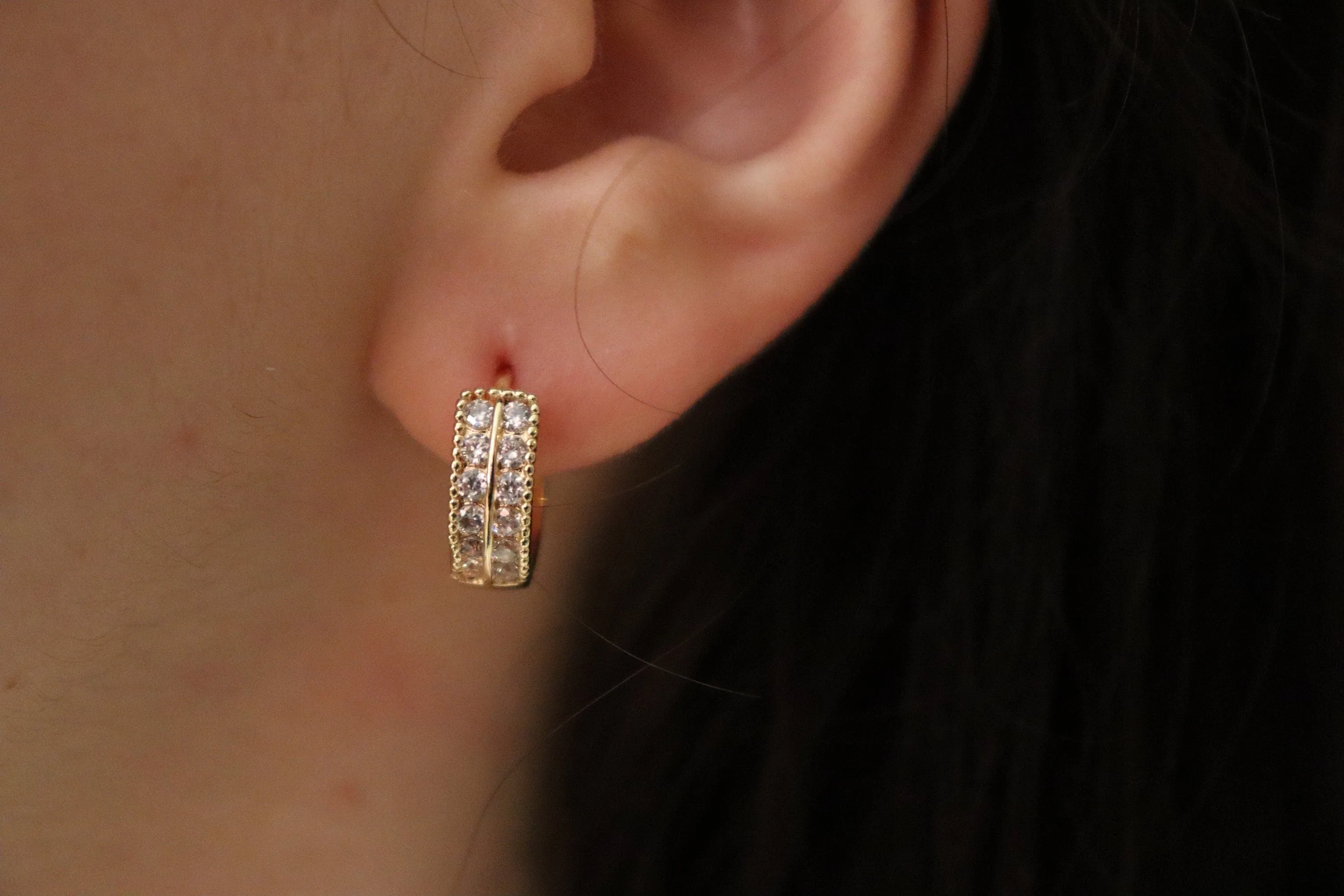 Gold Filled Hoop Double CZ  Earrings ,Minimalist Jewelry, Birthday Gift.