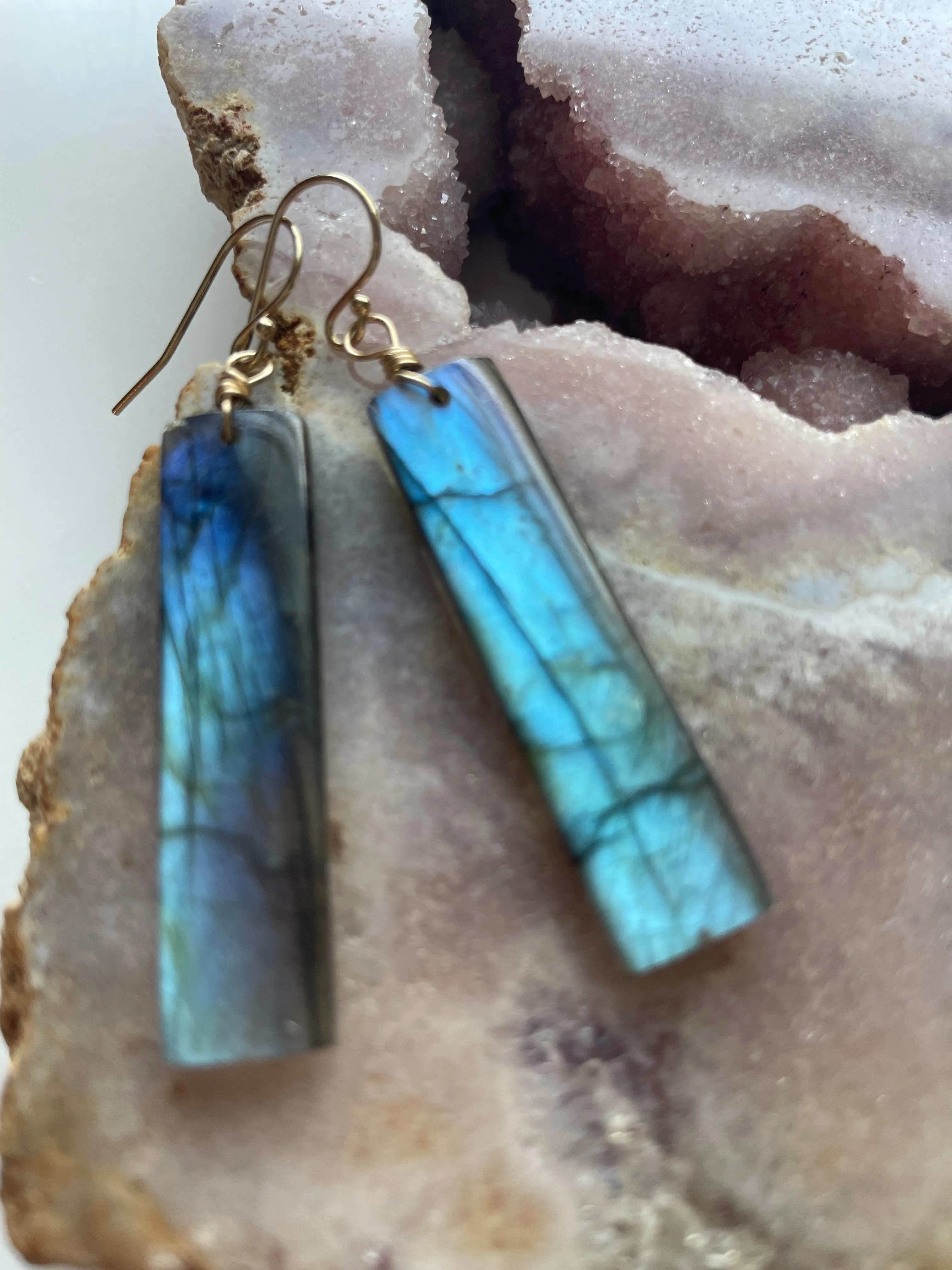 Gold Labradorite Dangle Drop Crystal Earrings