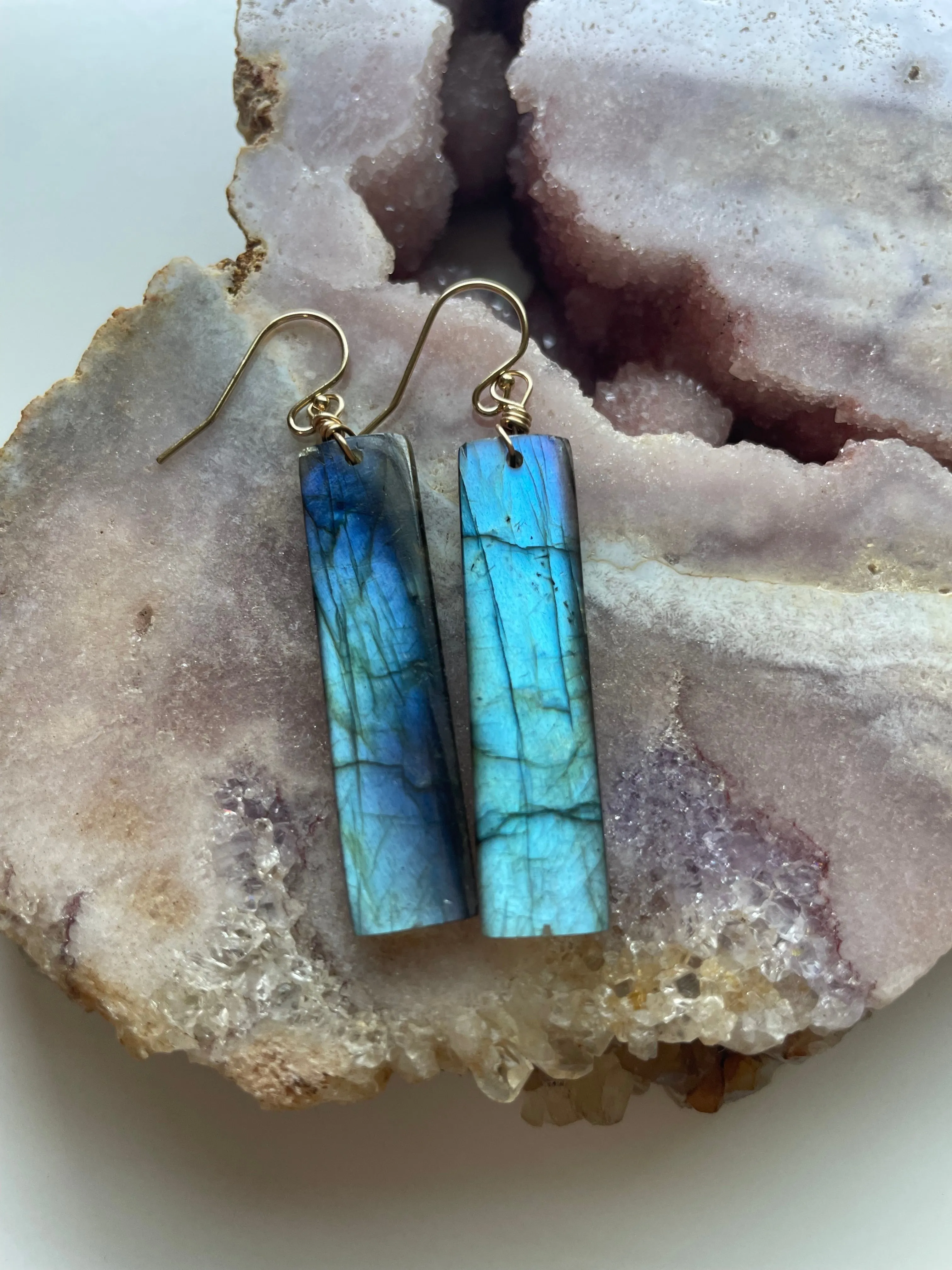 Gold Labradorite Dangle Drop Crystal Earrings