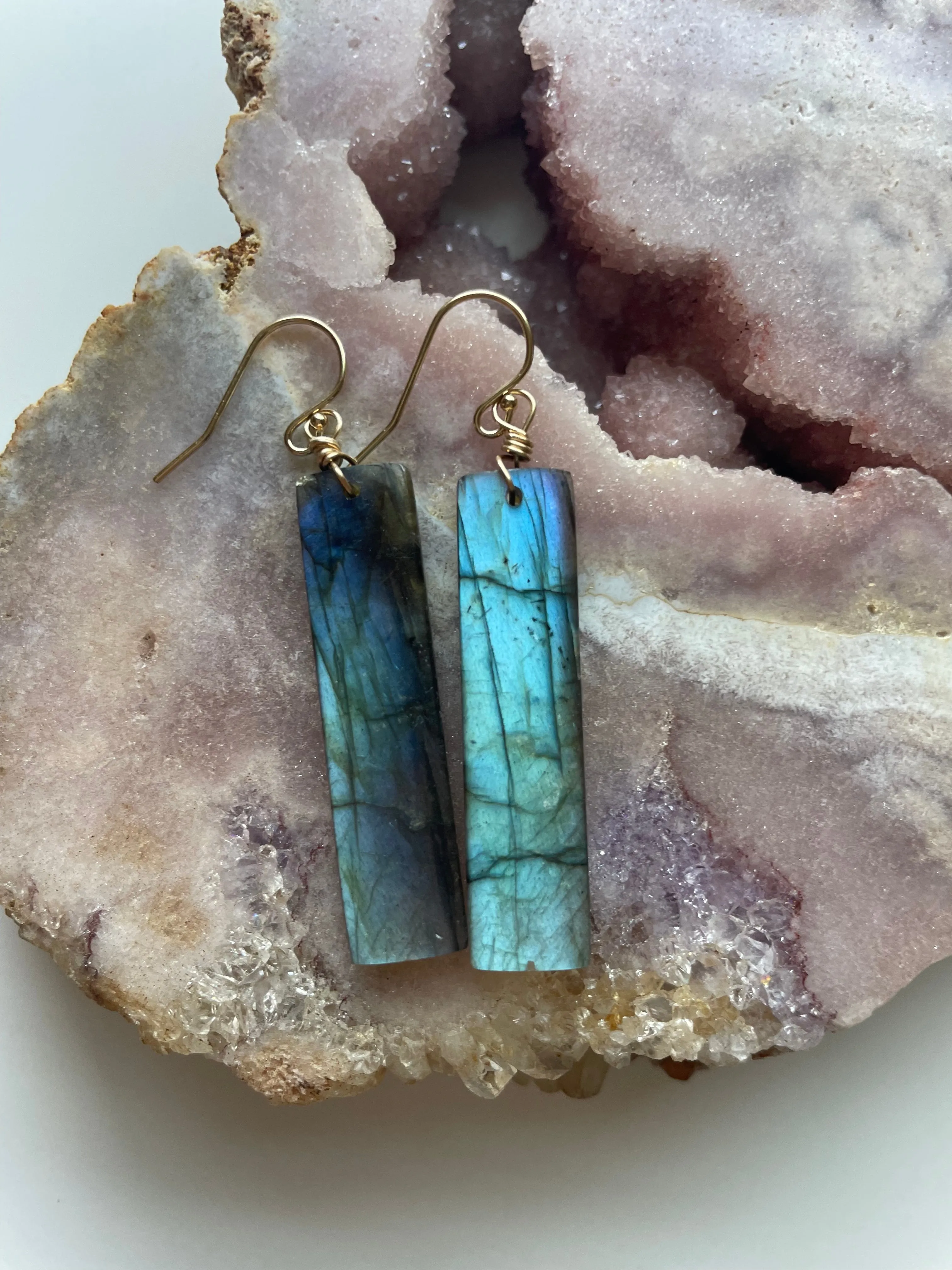 Gold Labradorite Dangle Drop Crystal Earrings