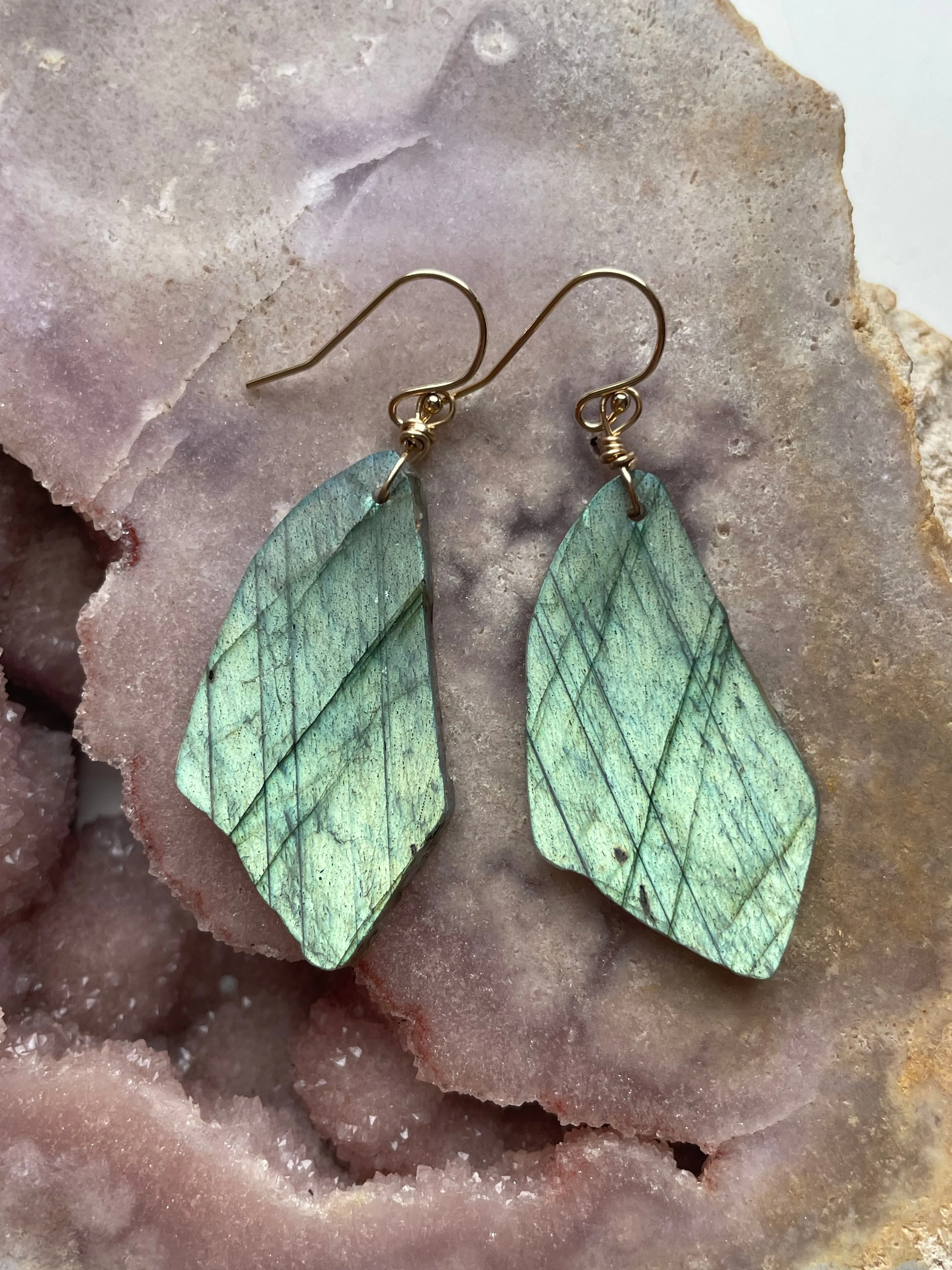 Gold Labradorite Dangle Drop Crystal Earrings