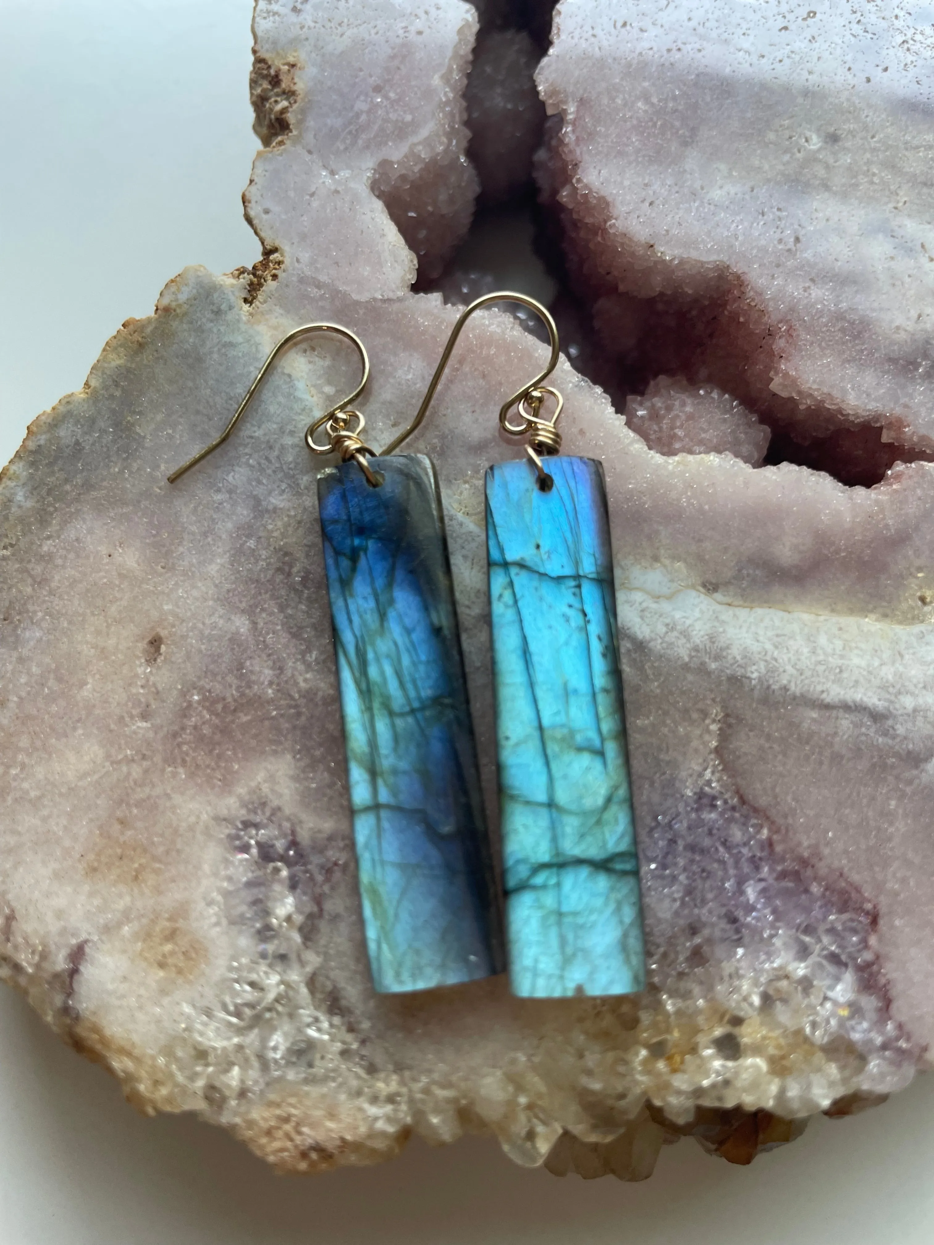 Gold Labradorite Dangle Drop Crystal Earrings