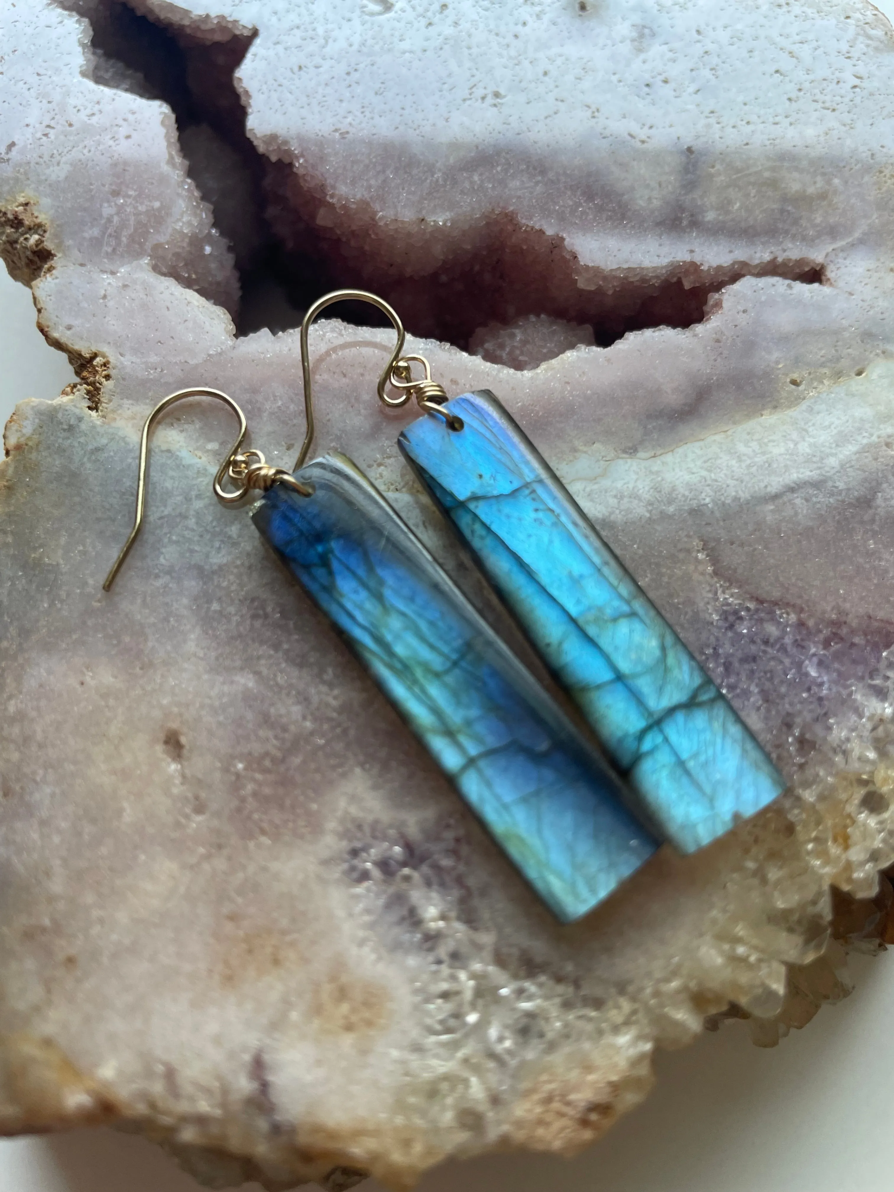Gold Labradorite Dangle Drop Crystal Earrings