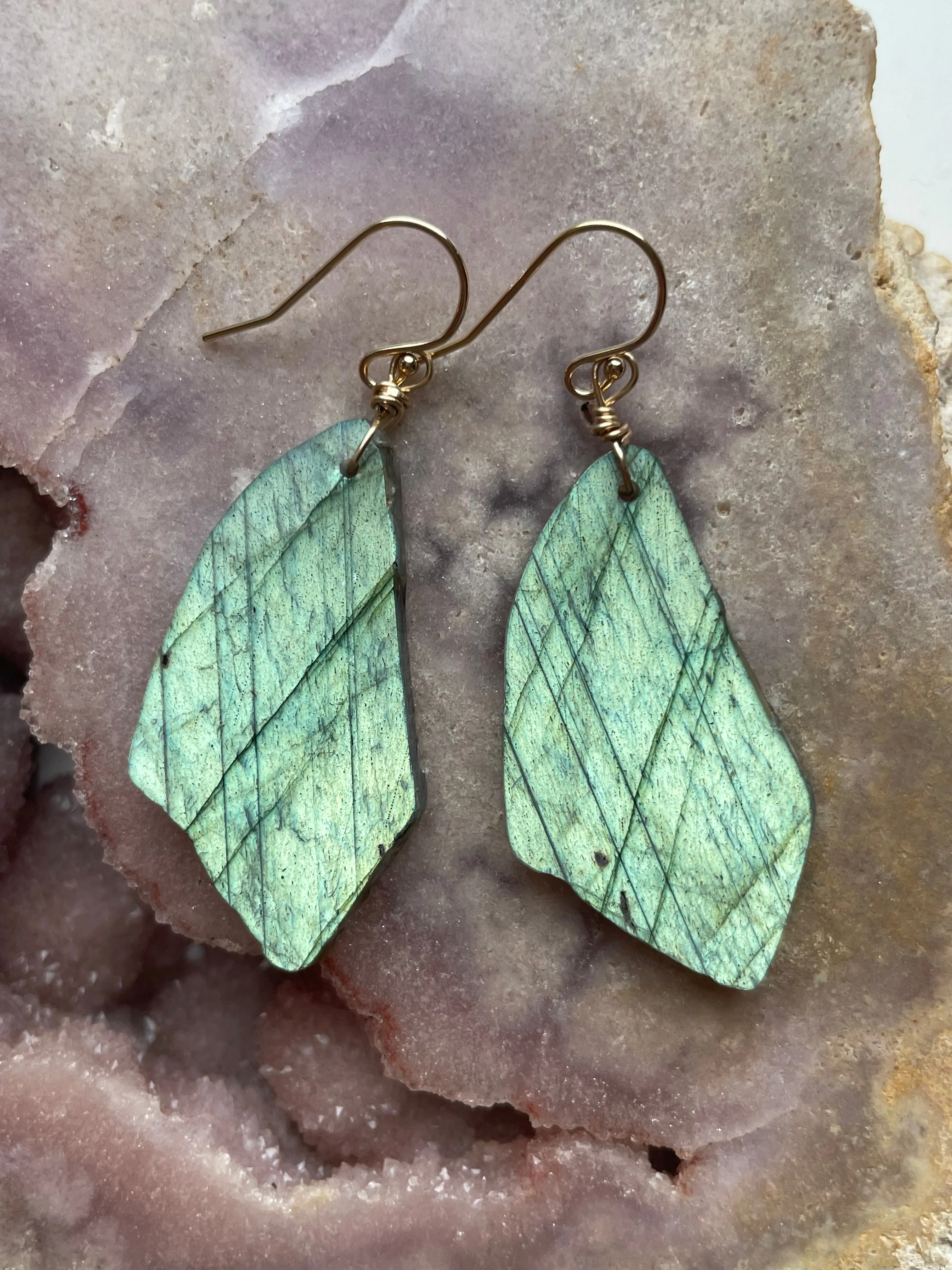 Gold Labradorite Dangle Drop Crystal Earrings