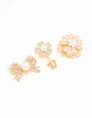 Gold Pearl Bow & Flower Brooches 3-Pack