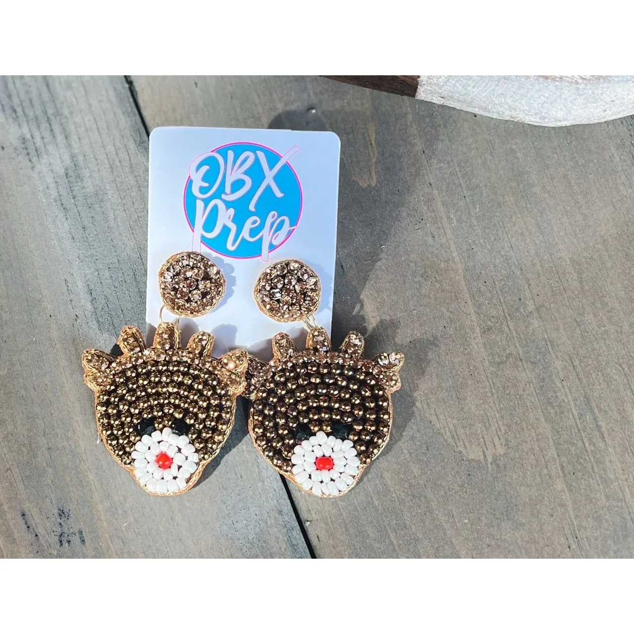 Gold Rudolph Reindeer Beaded Dangle Earrings S
