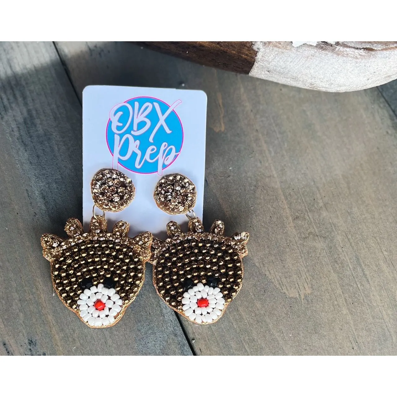 Gold Rudolph Reindeer Beaded Dangle Earrings S