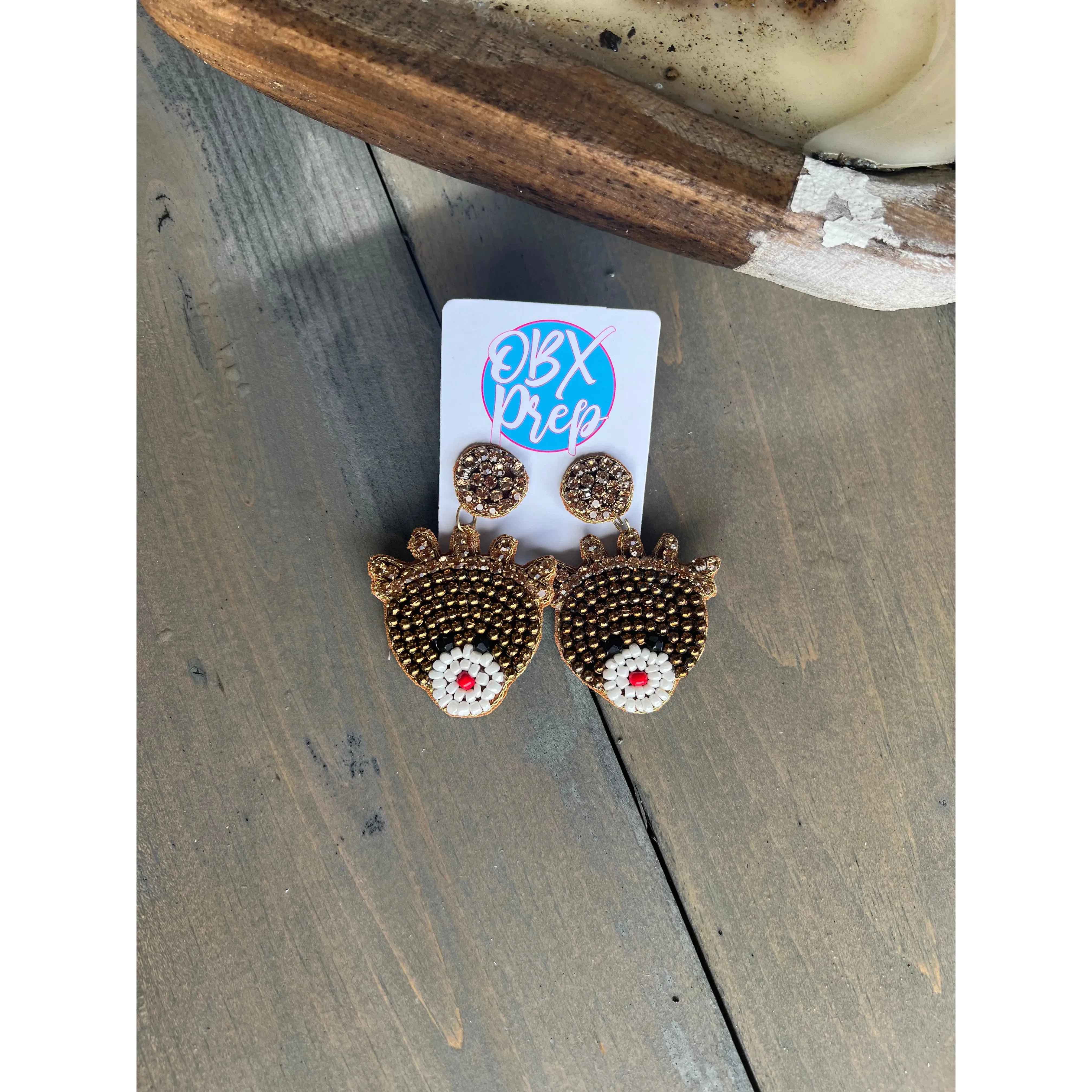 Gold Rudolph Reindeer Beaded Dangle Earrings S