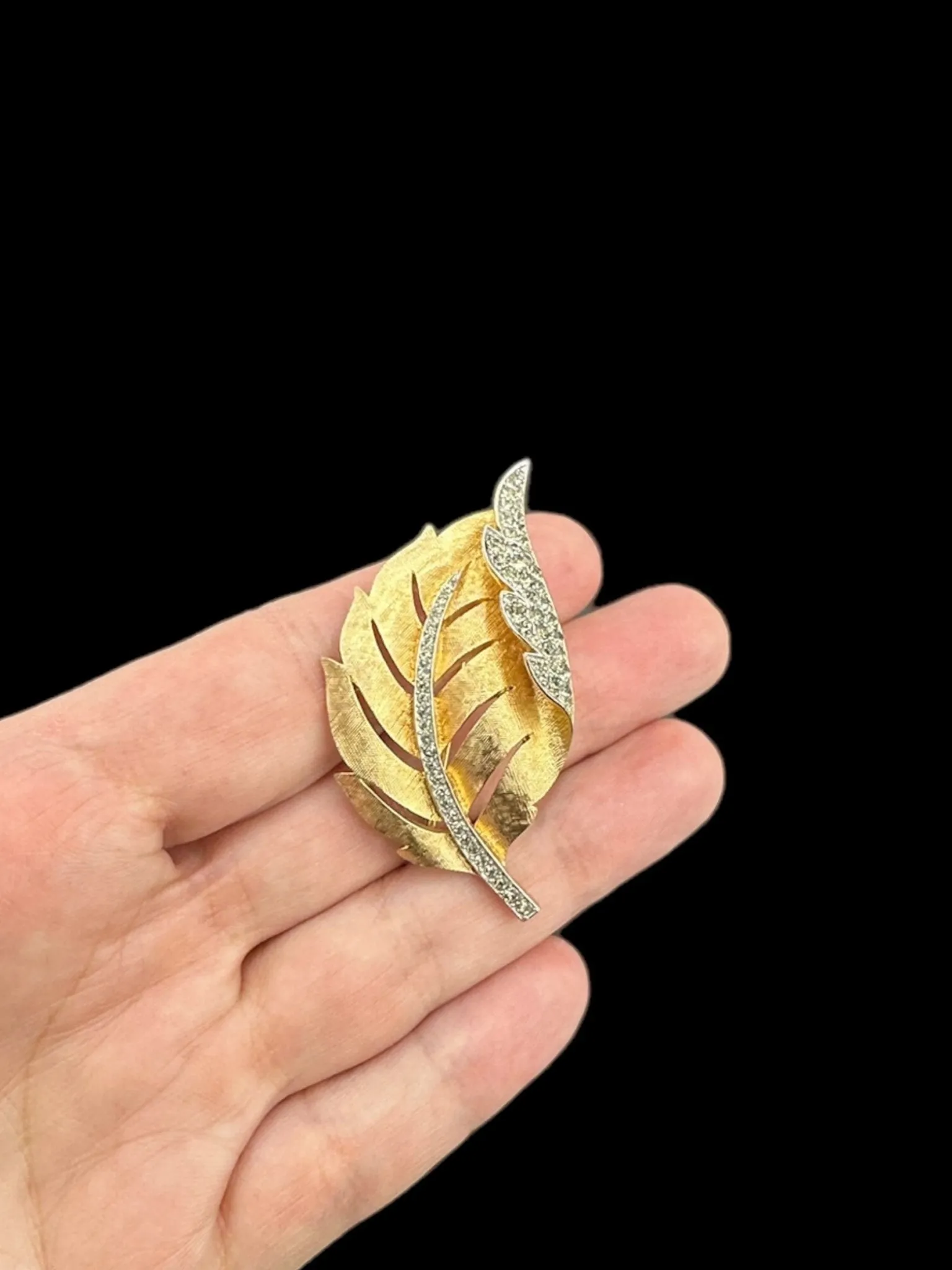 Gold Trifari Rhinestone Leaf Vintage Brooch