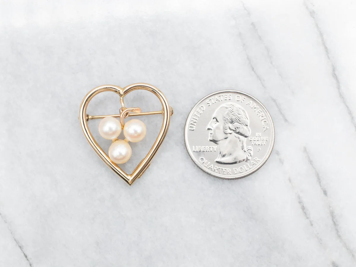 Golden Heart Brooch with Three Swinging Pearls