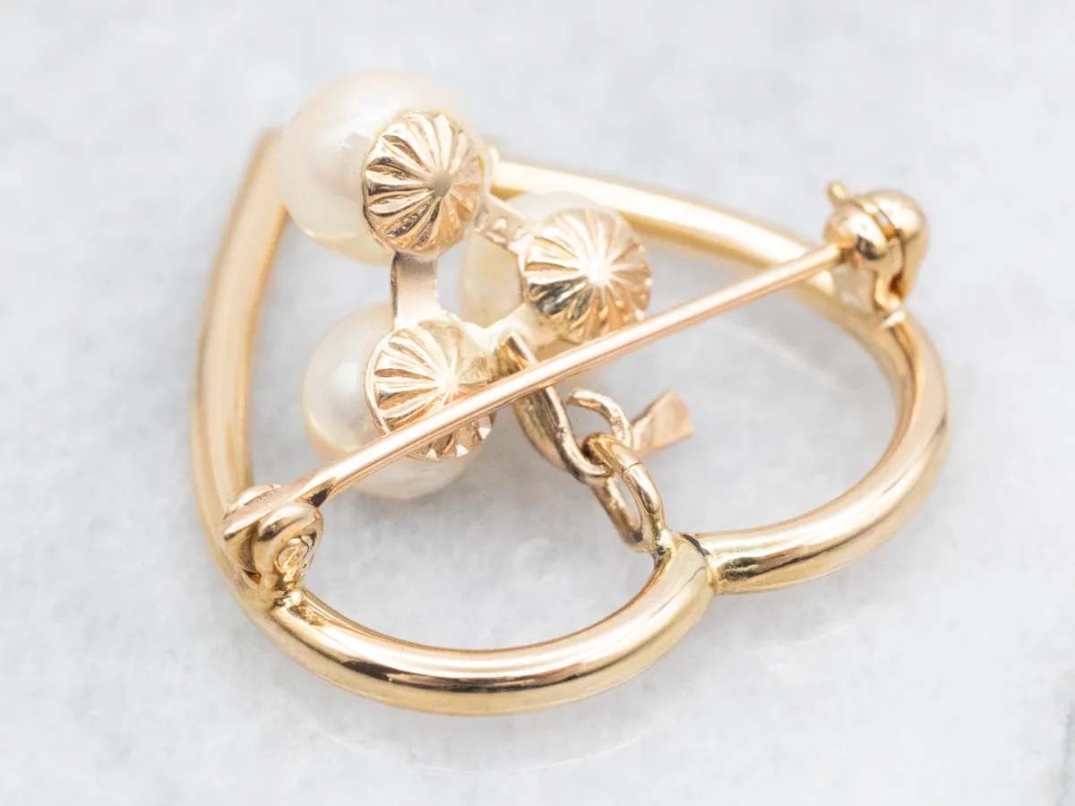 Golden Heart Brooch with Three Swinging Pearls