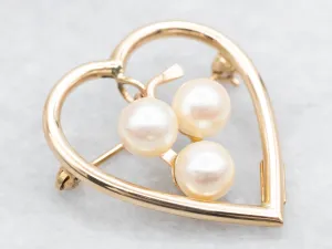 Golden Heart Brooch with Three Swinging Pearls