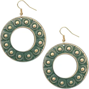 Green Round Spotted Metal Earrings