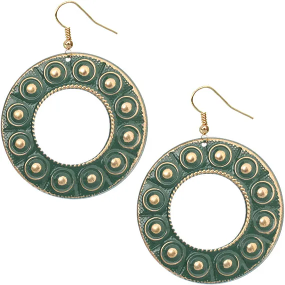 Green Round Spotted Metal Earrings