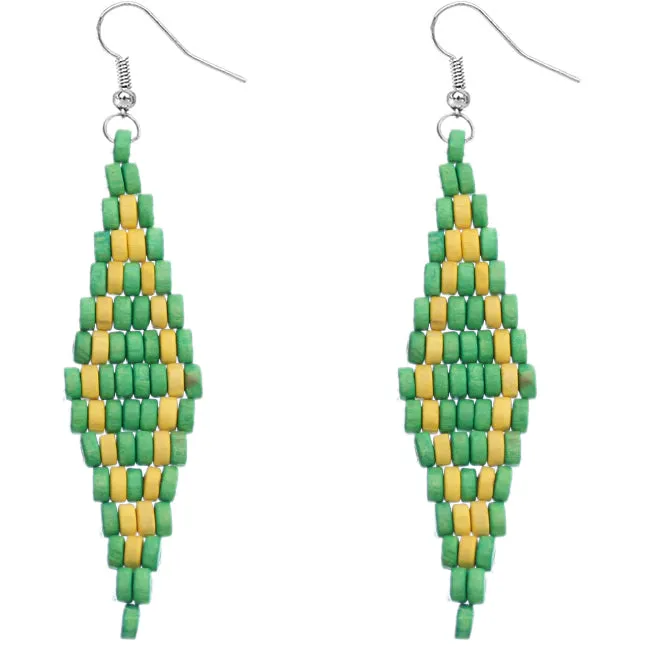 Green Wooden Tier Diamond Shaped Earrings