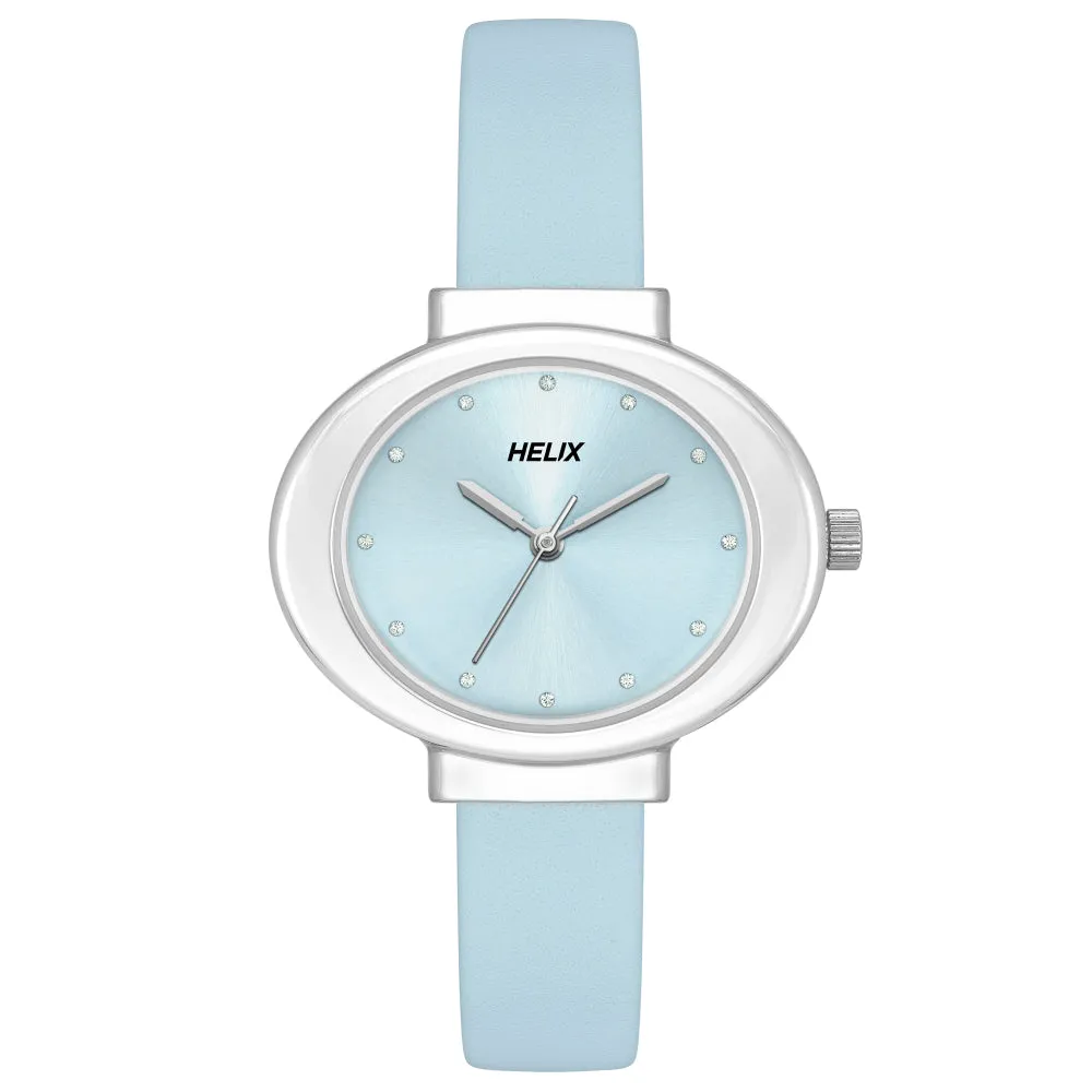 Helix By Timex Blue Oval Analog Leather Watch Women -TW039HL05