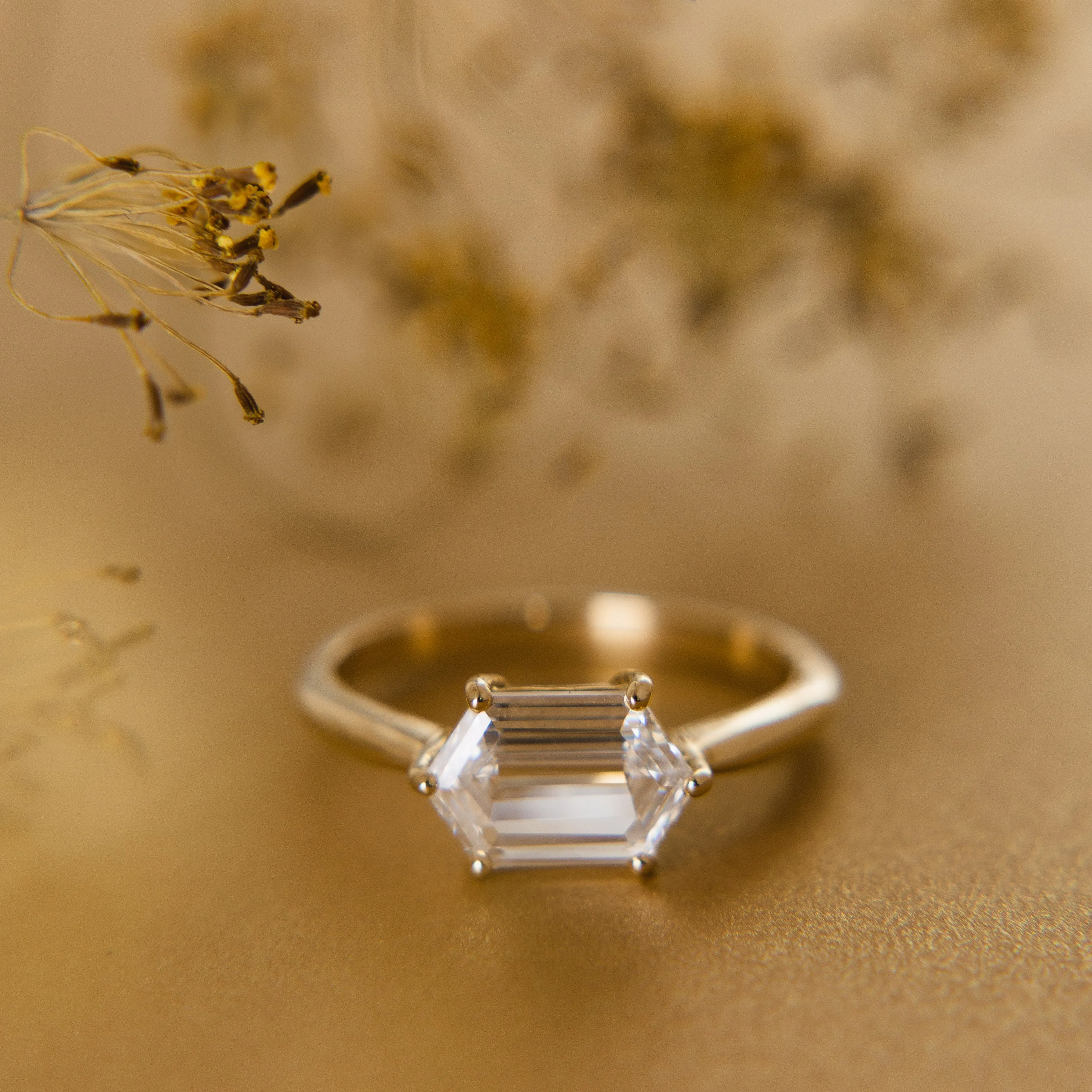 Hexagon Diamond Solitaire Engagement Ring | 18k Yellow Gold