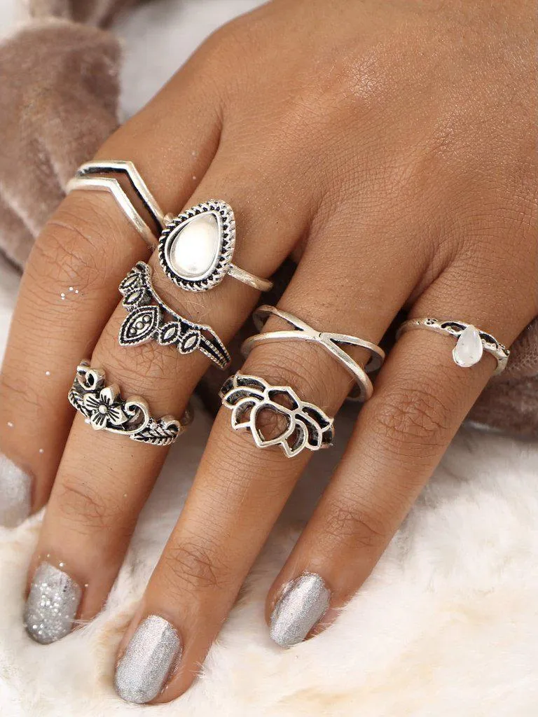 Hollow Flower Design Ring Set 7pcs