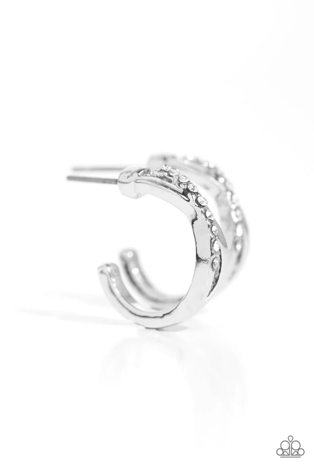 Horoscopic Helixes - White - Rhinestone Twisting Silver Paparazzi Tiny Hoop Earrings