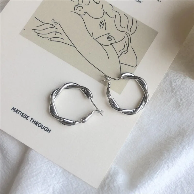 Interweave Twist Metal Circle Geometric Round Hoop Earrings for Women
