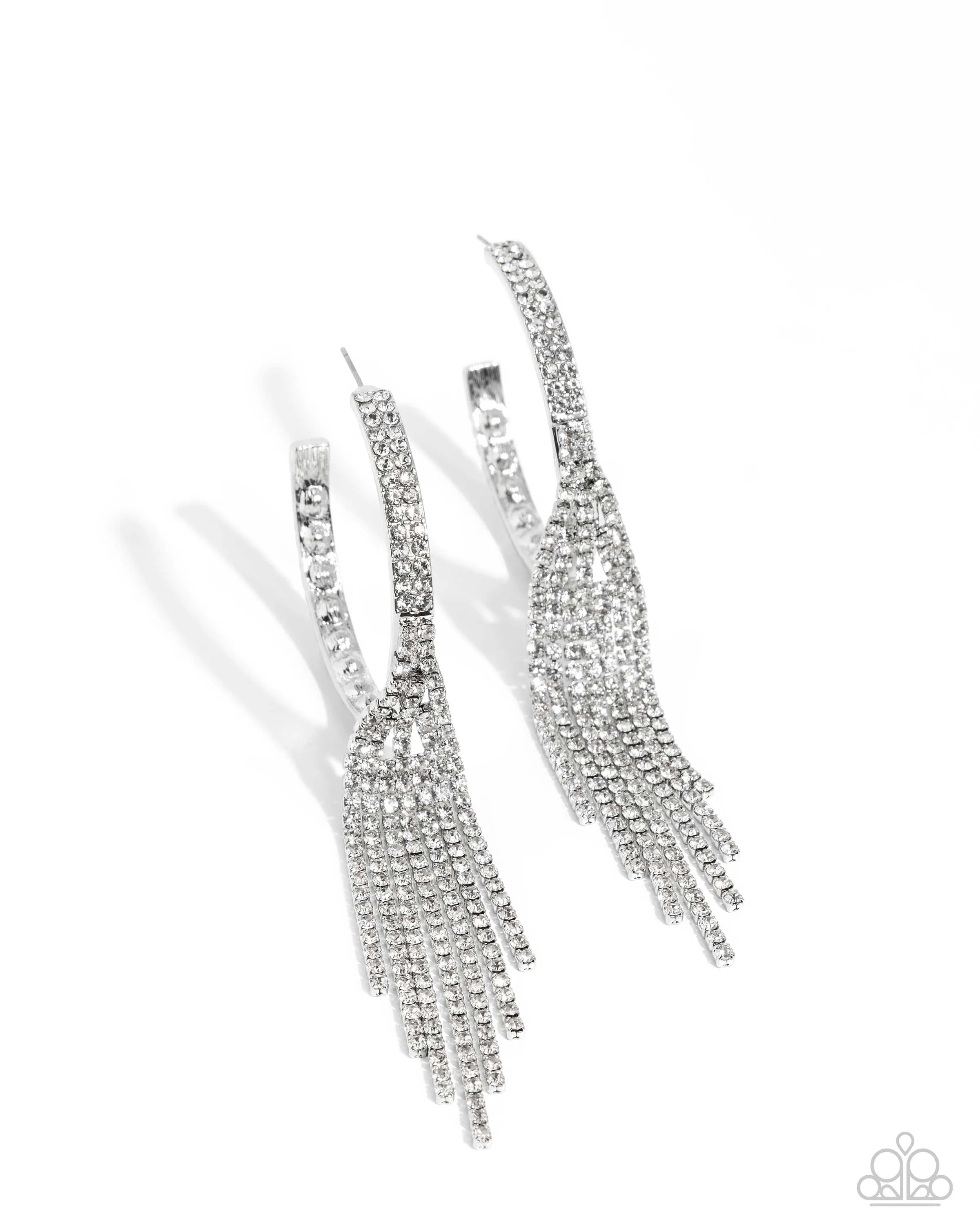 Jaw-Dropping Jubilee - White - Rhinestone Tassel Paparazzi Hoop Earrings - September 2024 Life of the Party Exclusive