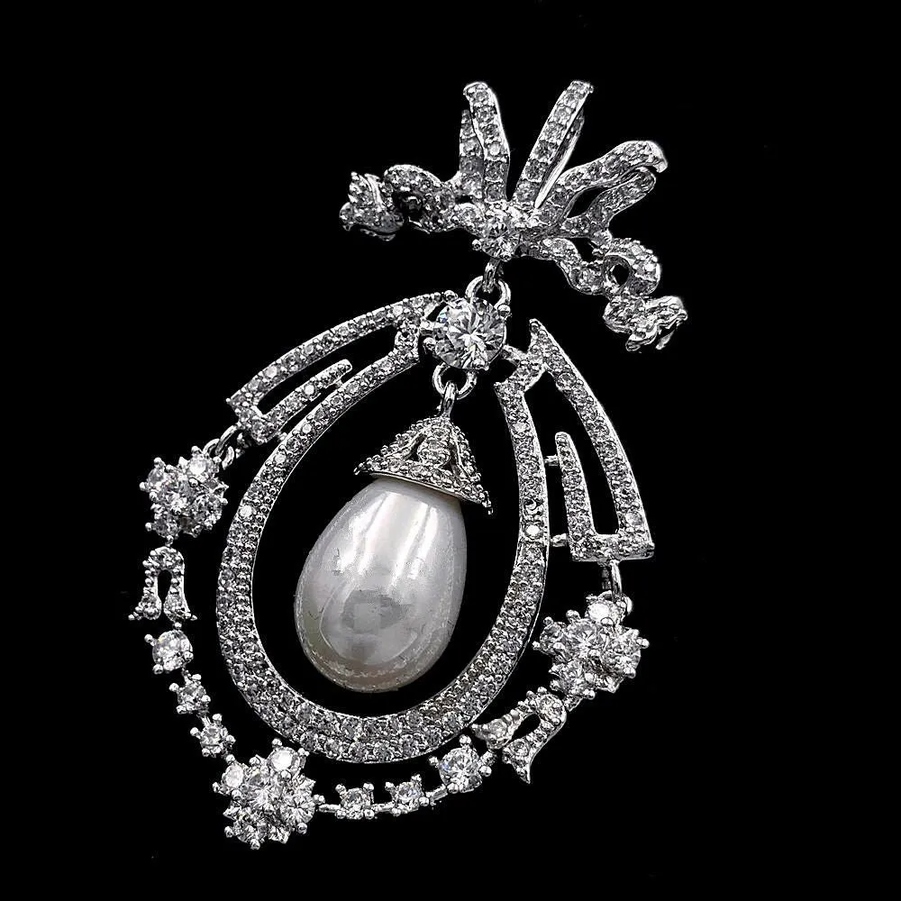 Jewelblings Art Nouveau Antique Silvertone Opens Micro Pave CZ Ribbon Bowtie White Imitated Pearl Dangle Pear-Shaped Brooch Pins for Wedding