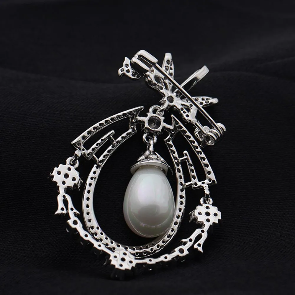 Jewelblings Art Nouveau Antique Silvertone Opens Micro Pave CZ Ribbon Bowtie White Imitated Pearl Dangle Pear-Shaped Brooch Pins for Wedding