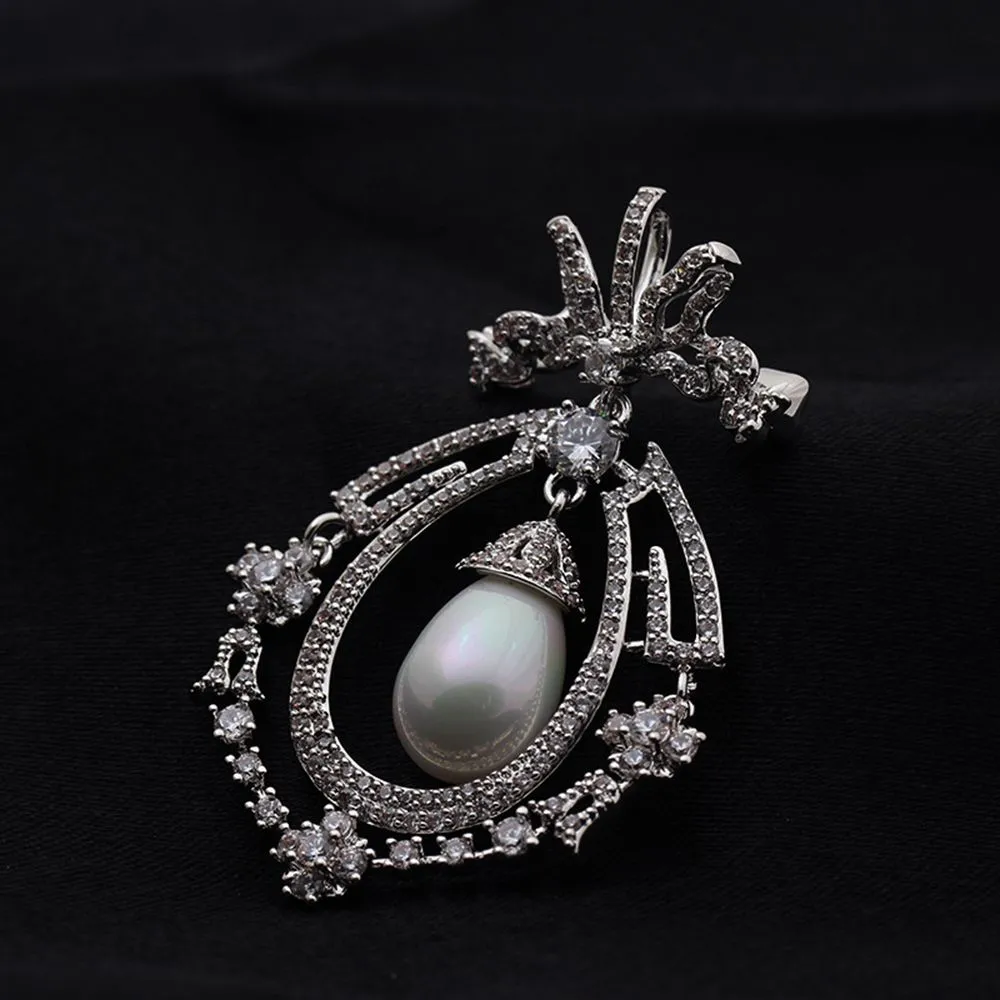 Jewelblings Art Nouveau Antique Silvertone Opens Micro Pave CZ Ribbon Bowtie White Imitated Pearl Dangle Pear-Shaped Brooch Pins for Wedding