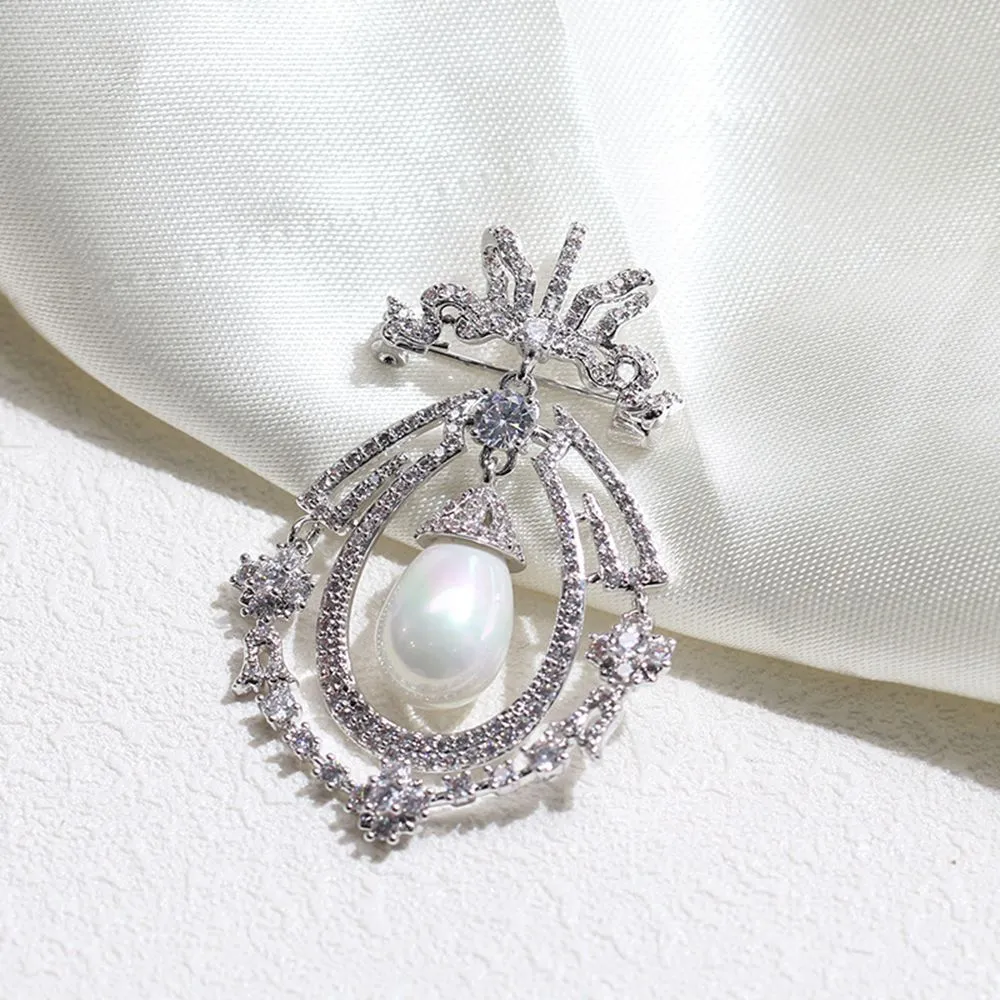 Jewelblings Art Nouveau Antique Silvertone Opens Micro Pave CZ Ribbon Bowtie White Imitated Pearl Dangle Pear-Shaped Brooch Pins for Wedding