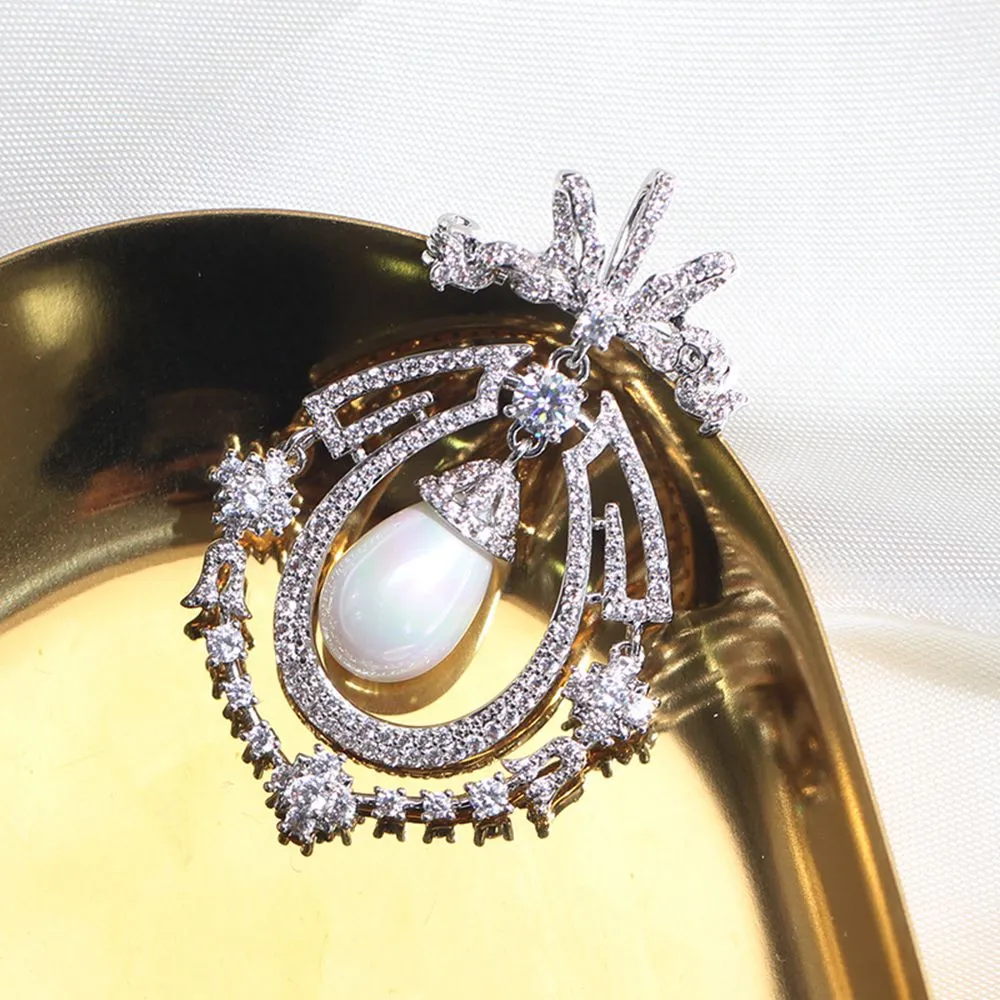 Jewelblings Art Nouveau Antique Silvertone Opens Micro Pave CZ Ribbon Bowtie White Imitated Pearl Dangle Pear-Shaped Brooch Pins for Wedding