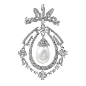 Jewelblings Art Nouveau Antique Silvertone Opens Micro Pave CZ Ribbon Bowtie White Imitated Pearl Dangle Pear-Shaped Brooch Pins for Wedding