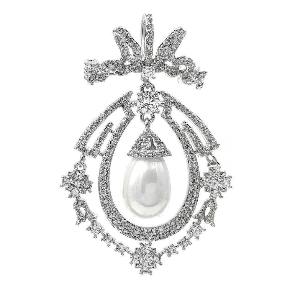 Jewelblings Art Nouveau Antique Silvertone Opens Micro Pave CZ Ribbon Bowtie White Imitated Pearl Dangle Pear-Shaped Brooch Pins for Wedding