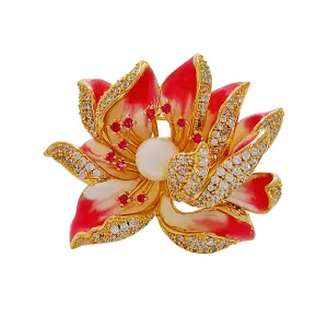 Jewelblings Dream Fancy Style Enameled Petal Micro Pave CZ Pink Lotus Flower Brooches Gold Tone Centered Mother of Pearl Blossom Lotus Pins