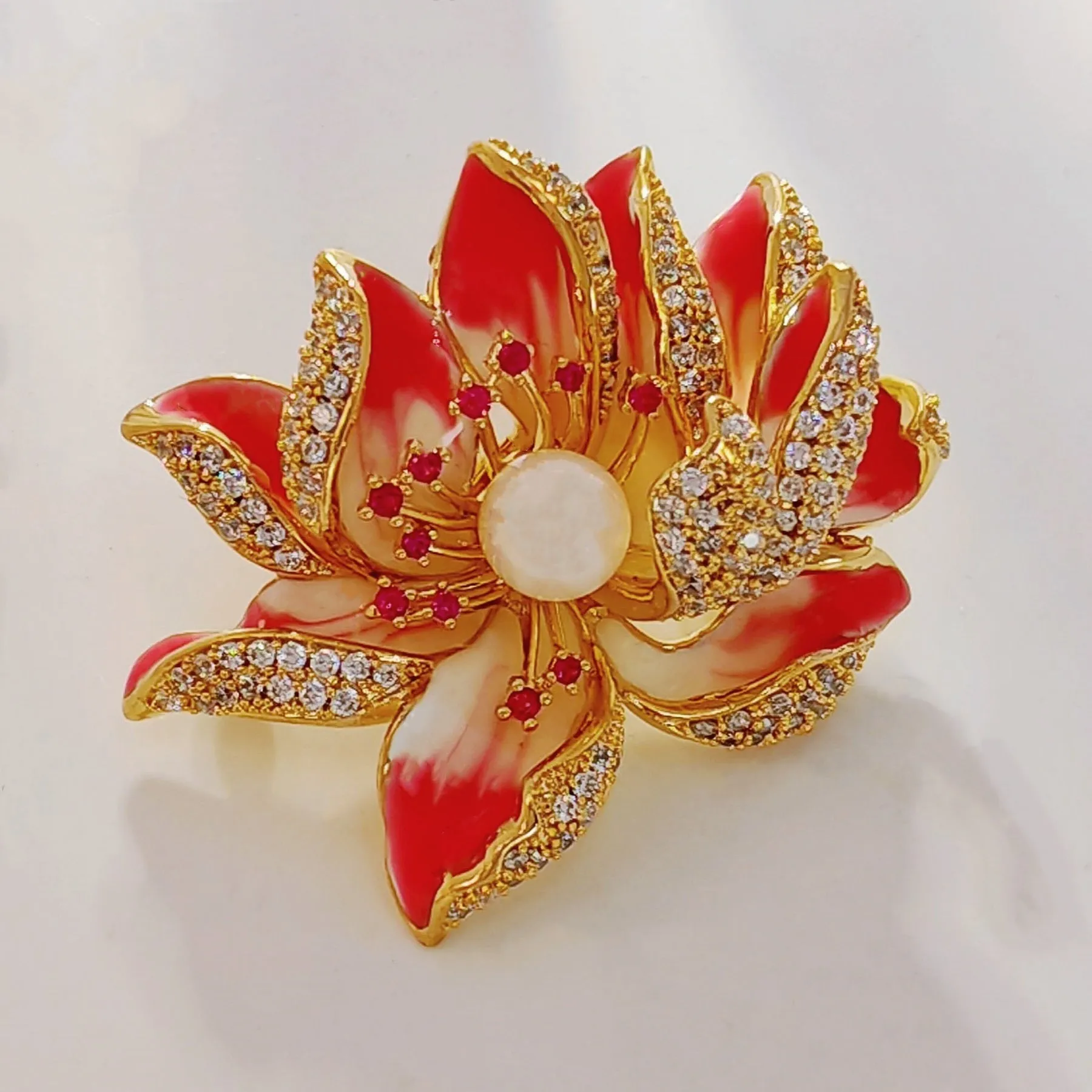 Jewelblings Dream Fancy Style Enameled Petal Micro Pave CZ Pink Lotus Flower Brooches Gold Tone Centered Mother of Pearl Blossom Lotus Pins