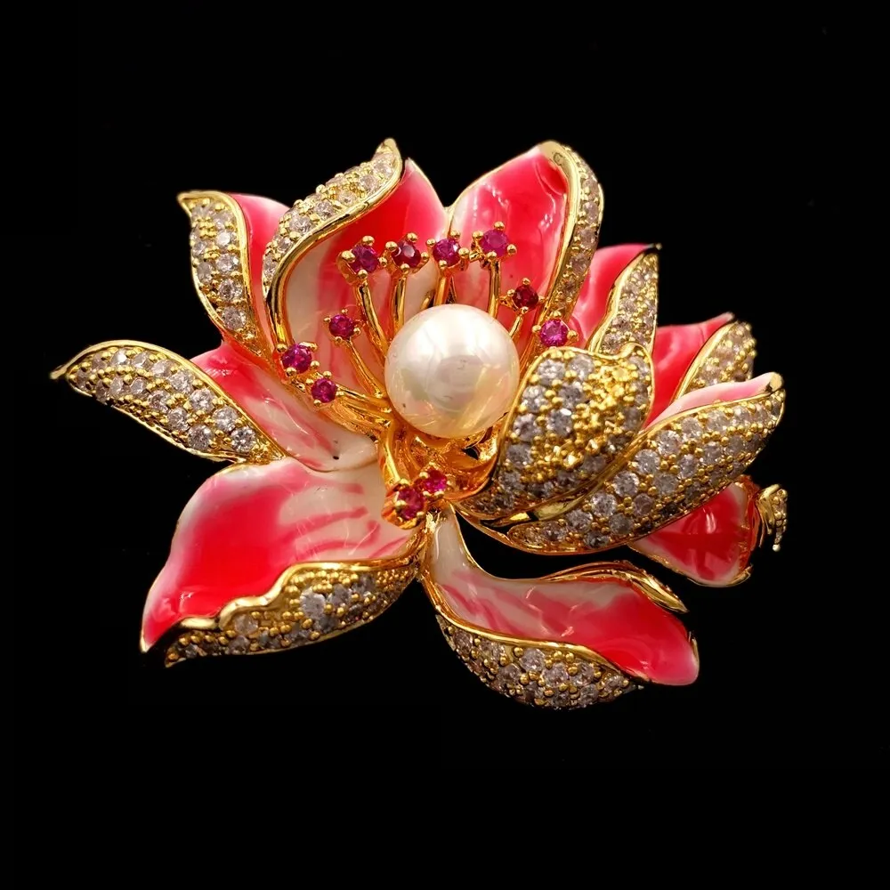 Jewelblings Dream Fancy Style Enameled Petal Micro Pave CZ Pink Lotus Flower Brooches Gold Tone Centered Mother of Pearl Blossom Lotus Pins