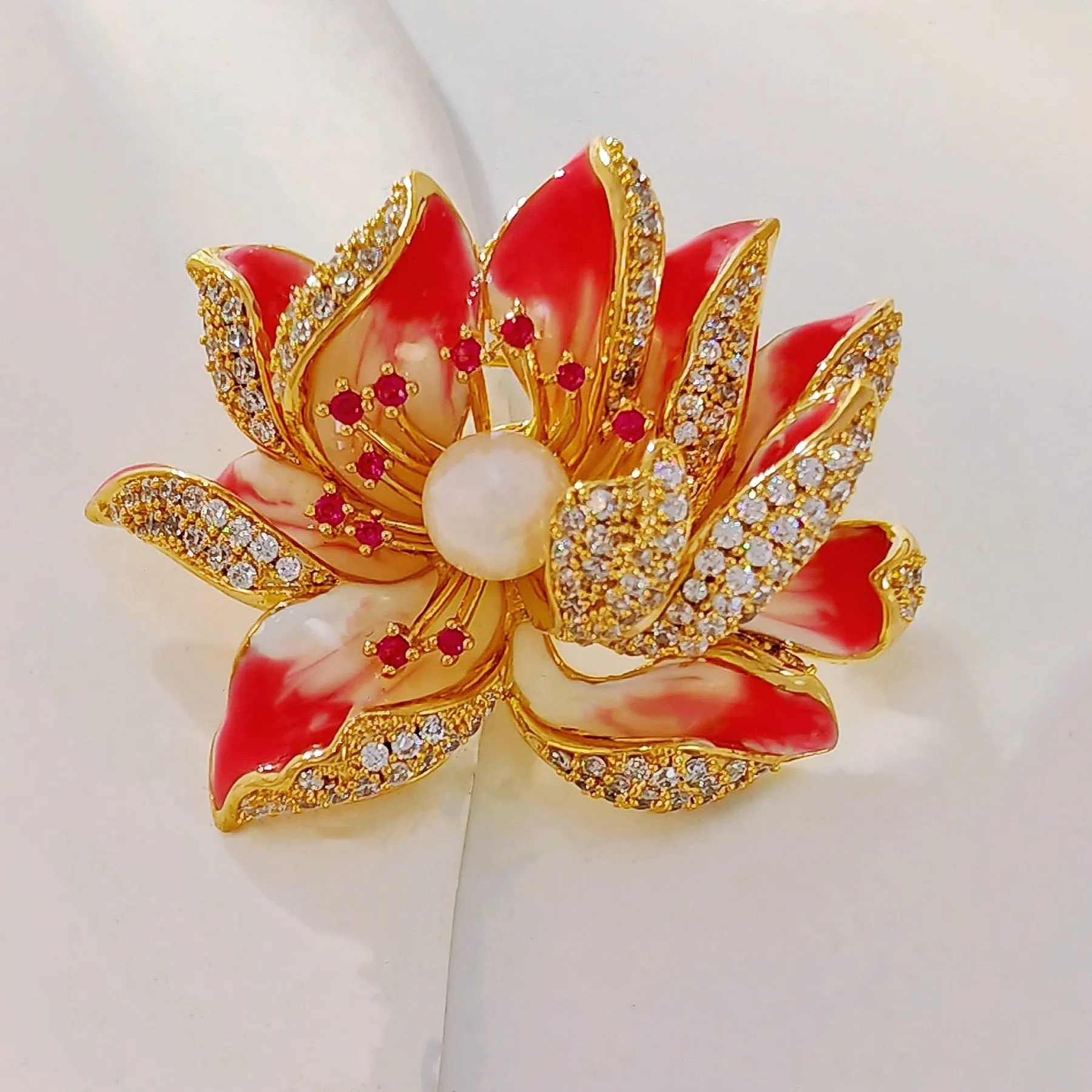 Jewelblings Dream Fancy Style Enameled Petal Micro Pave CZ Pink Lotus Flower Brooches Gold Tone Centered Mother of Pearl Blossom Lotus Pins