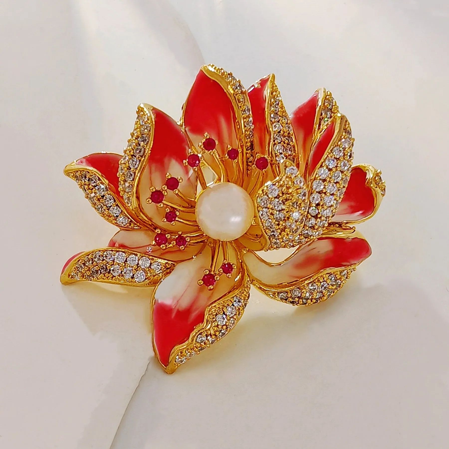Jewelblings Dream Fancy Style Enameled Petal Micro Pave CZ Pink Lotus Flower Brooches Gold Tone Centered Mother of Pearl Blossom Lotus Pins
