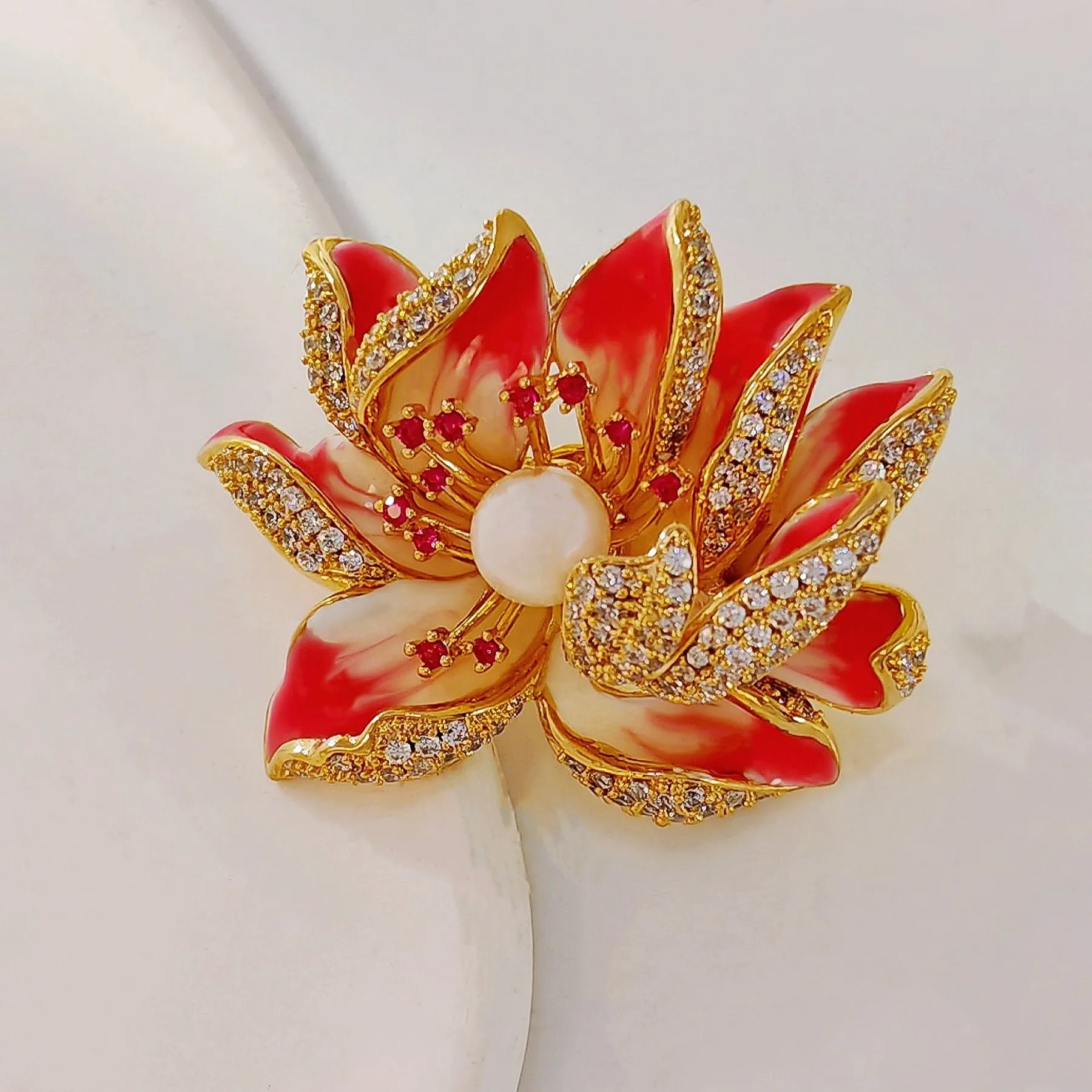 Jewelblings Dream Fancy Style Enameled Petal Micro Pave CZ Pink Lotus Flower Brooches Gold Tone Centered Mother of Pearl Blossom Lotus Pins