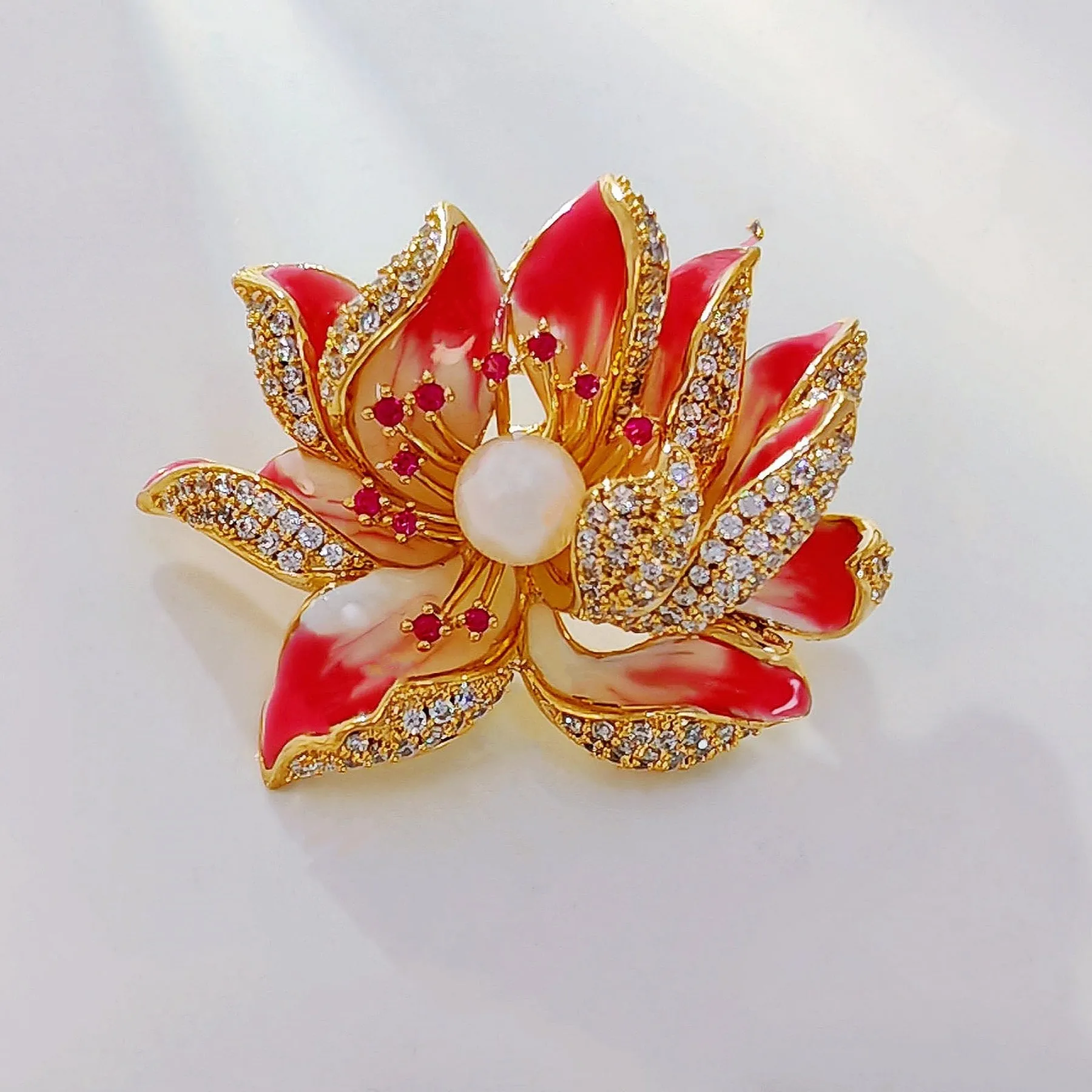 Jewelblings Dream Fancy Style Enameled Petal Micro Pave CZ Pink Lotus Flower Brooches Gold Tone Centered Mother of Pearl Blossom Lotus Pins