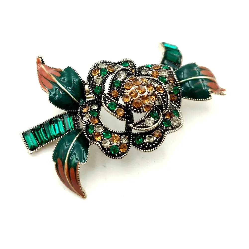 Jewelblings Edwardian Vintage Green Leaf Layered Petal Crystal Accent Oval Shaped Blossom Pink Rose Brooch Pins Mom Grandmother Gift Jewelry