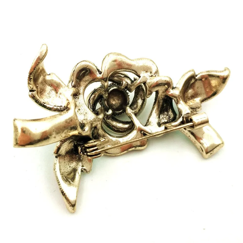 Jewelblings Edwardian Vintage Green Leaf Layered Petal Crystal Accent Oval Shaped Blossom Pink Rose Brooch Pins Mom Grandmother Gift Jewelry