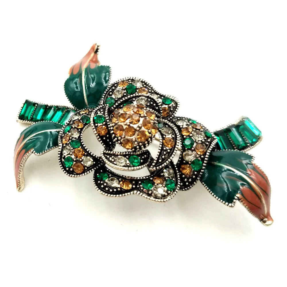 Jewelblings Edwardian Vintage Green Leaf Layered Petal Crystal Accent Oval Shaped Blossom Pink Rose Brooch Pins Mom Grandmother Gift Jewelry
