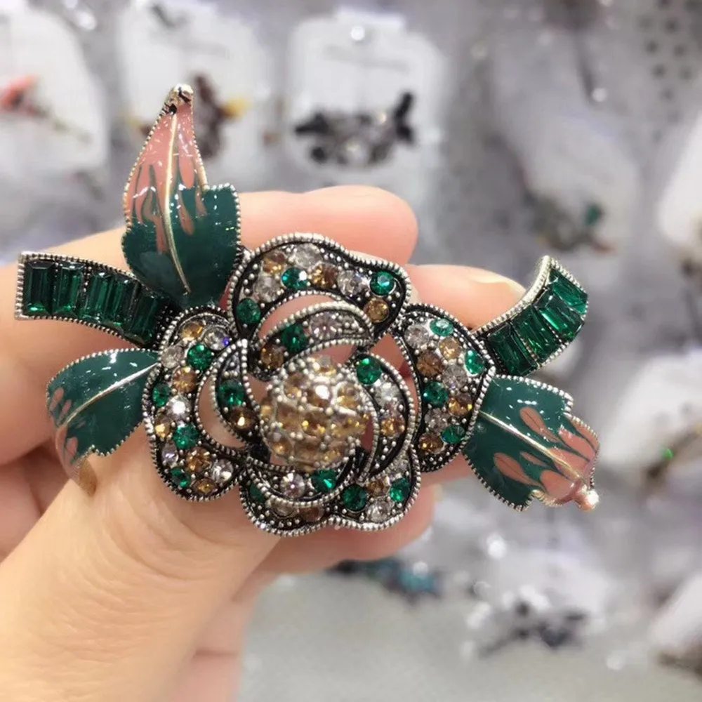 Jewelblings Edwardian Vintage Green Leaf Layered Petal Crystal Accent Oval Shaped Blossom Pink Rose Brooch Pins Mom Grandmother Gift Jewelry
