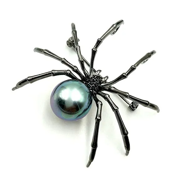 Jewelblings Victorian Style Black Mother of Pearl Spider Brooches Black Tone Micro Pave CZ Head Halloween Spider Pins Costume Insect Jewelry