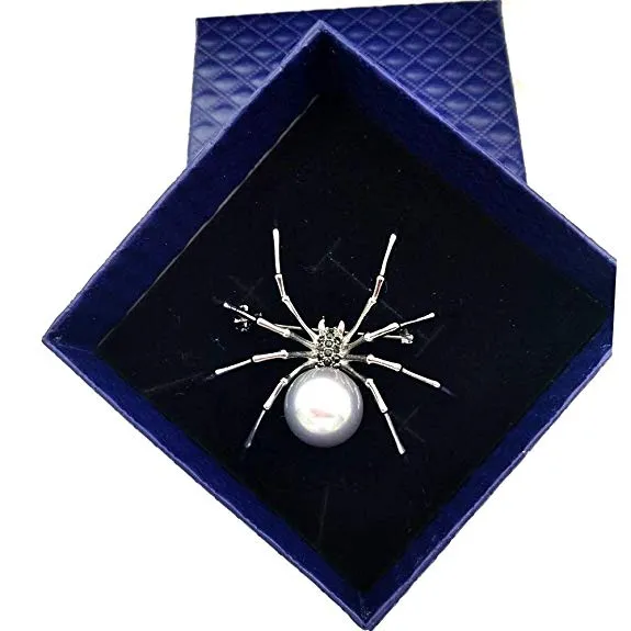 Jewelblings Victorian Style Black Mother of Pearl Spider Brooches Black Tone Micro Pave CZ Head Halloween Spider Pins Costume Insect Jewelry