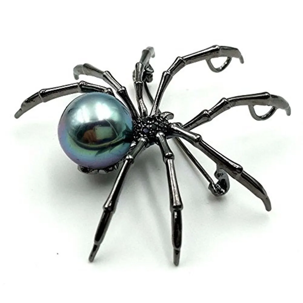 Jewelblings Victorian Style Black Mother of Pearl Spider Brooches Black Tone Micro Pave CZ Head Halloween Spider Pins Costume Insect Jewelry