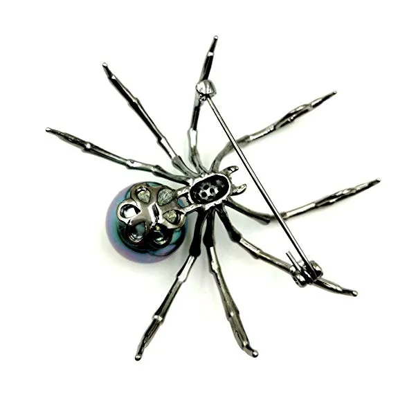 Jewelblings Victorian Style Black Mother of Pearl Spider Brooches Black Tone Micro Pave CZ Head Halloween Spider Pins Costume Insect Jewelry
